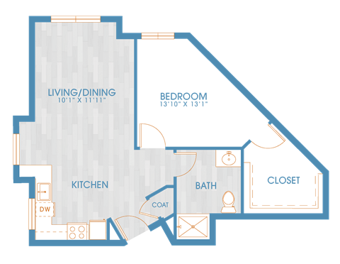 Floor plan for 1 bed, 1 bath, 734 sqft